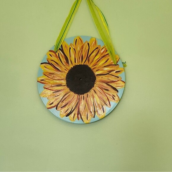 Handmade Sunflower Hanging Wall Art Blue, Yellow 12 Inch Vinyl Record - Picture 1 of 7